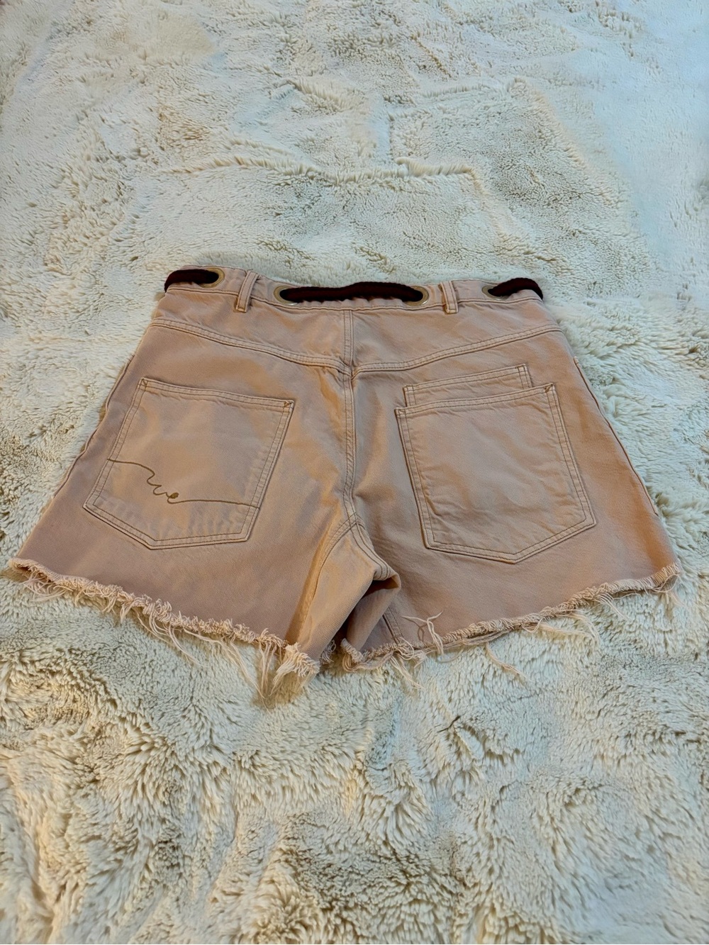 We The Free Moxie Denim Light Pink Shorts with Burgundy Drawstring - Picture 2 of 5